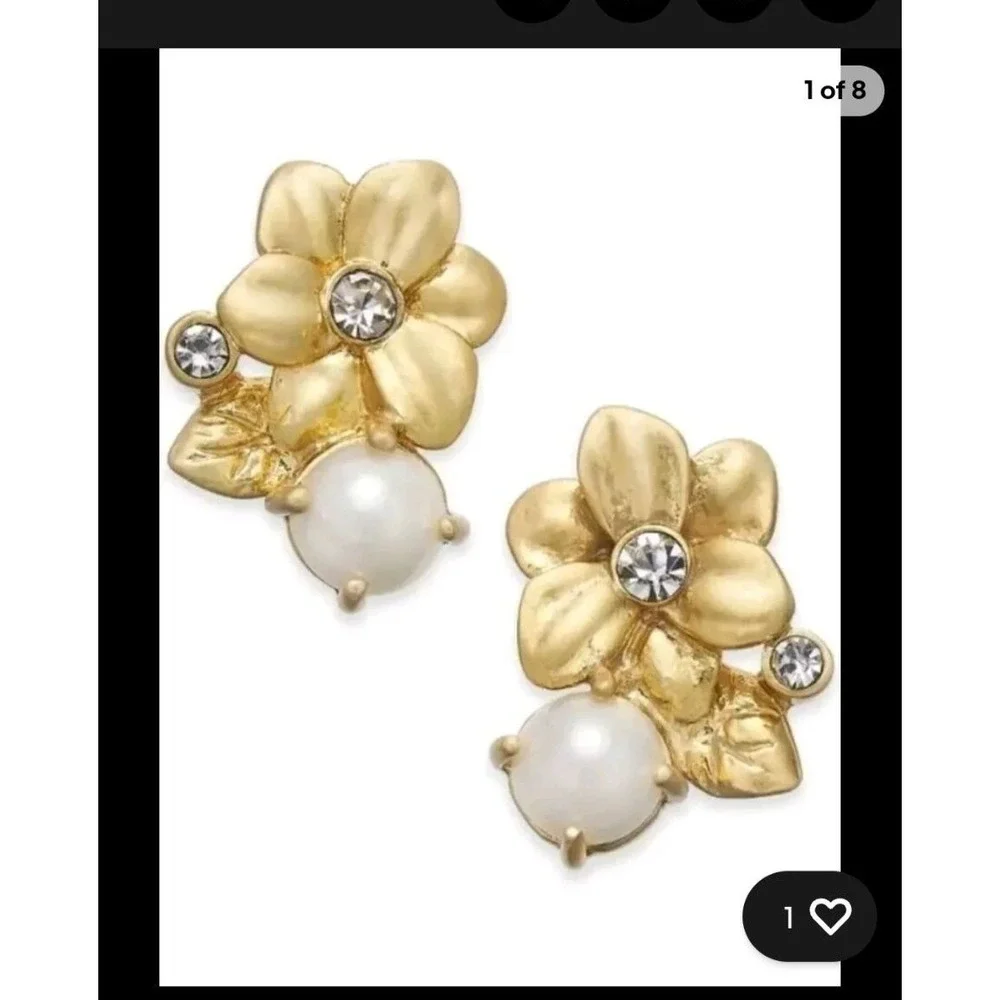 Kate Spade Wild Garden Gold Flower & Pearl Stud Earrings With‎ Crystal Accents